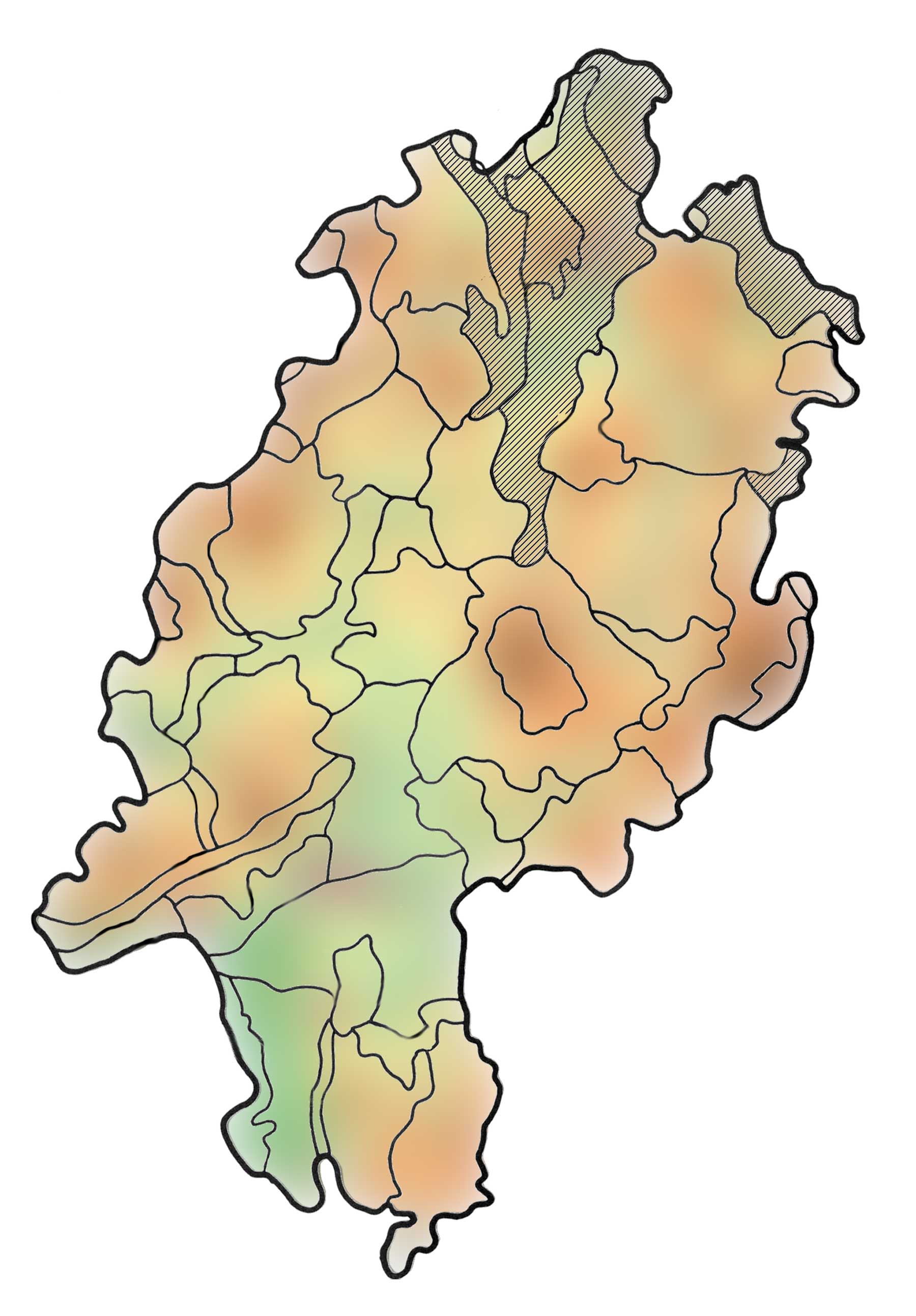 Karte der bis zum Jahr 1200 in Hessen belegten Siedlungsnamen auf -hausen 